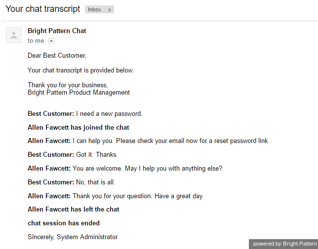 The chat transcript emailed to the customer