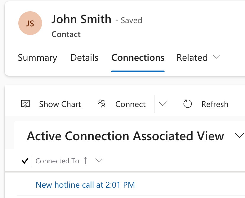 Screenshot of the Connections tab on a Contact page in Microsoft Dynamics