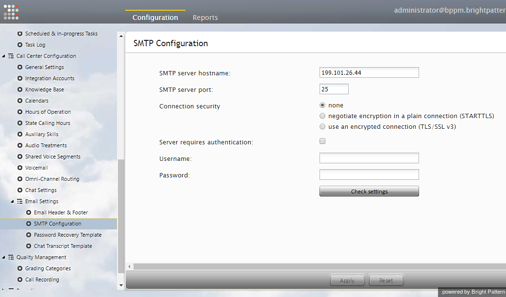 SMTP設定でサーバーを指定します。