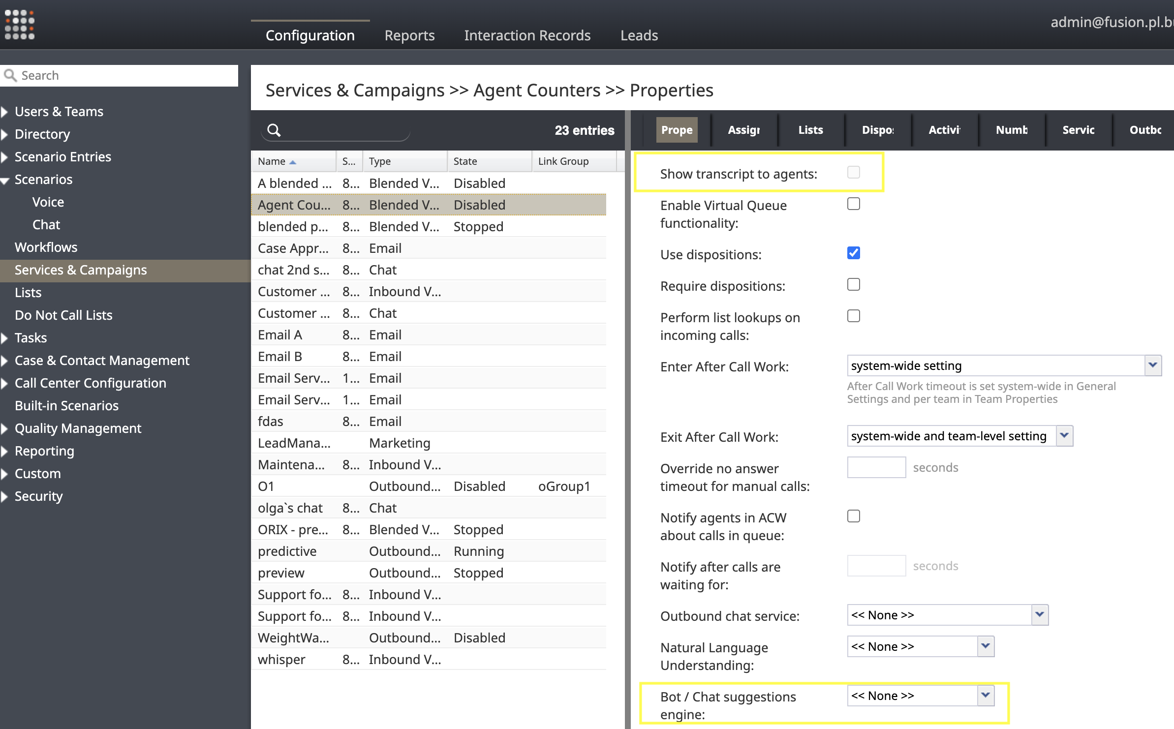 Show transcript to agents and bot/chat suggestions engine are now visible for voice services