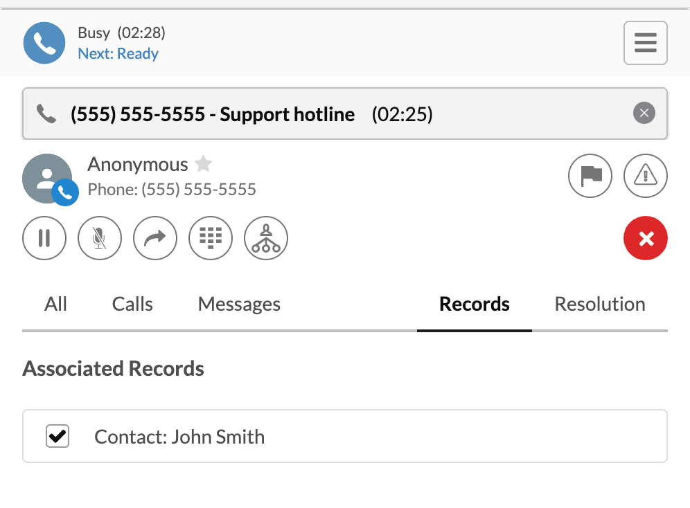 Screenshot of the Communicator Widget Records tab mid-call associated with the Support hotline service