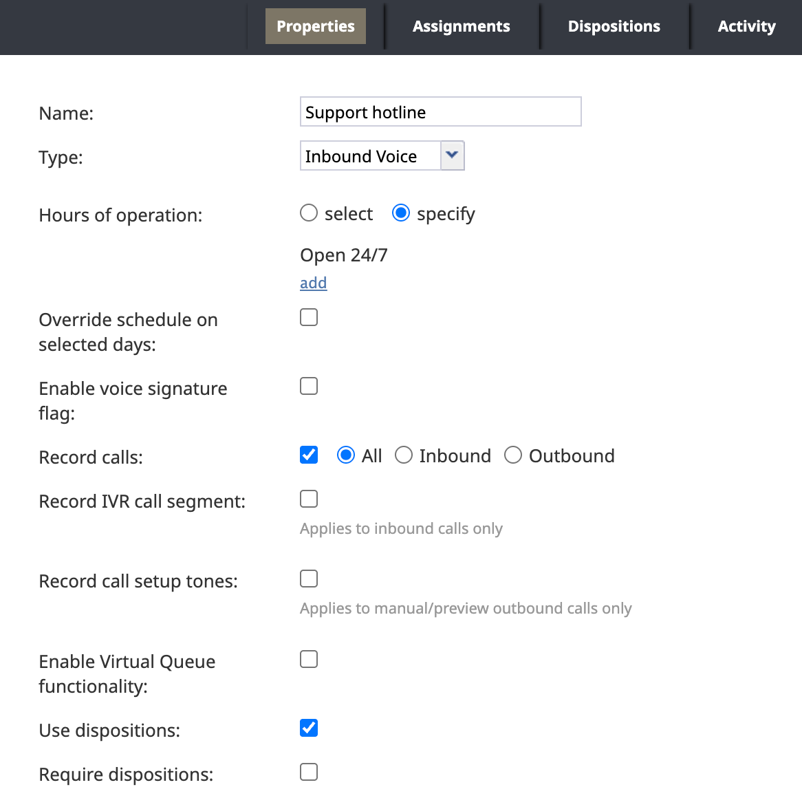 The Properties tab of a service named "Support hotline," with the Use dispositions checkbox selected
