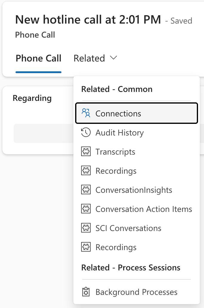 Screenshot of the Related drop-down menu of a Microsoft Dynamics Phone Call record