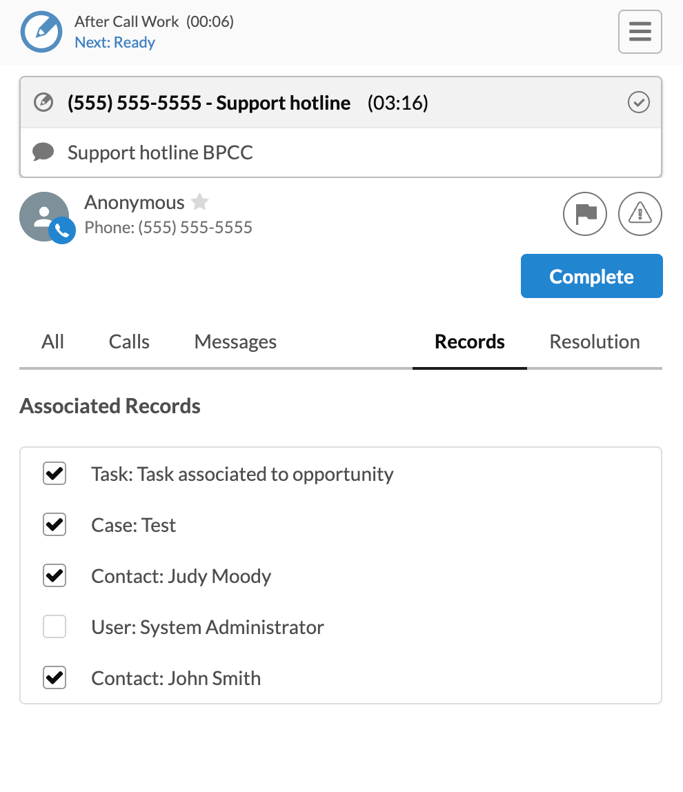Screenshot of the Communicator Widget Records tab after a Support hotline call, with several Task, Case, and Contact records selected